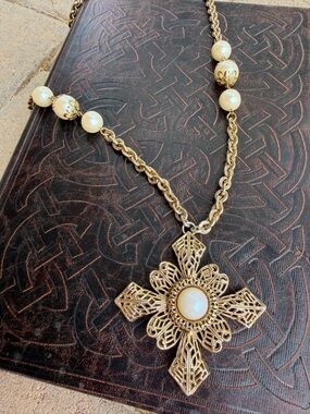 Renaissance Revival Maltese Cross Necklace Goldtone Faux Pearls